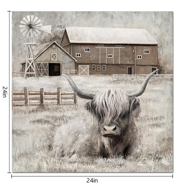 Brown_Cow_Decor_Highland_Cow_Picture_Wall_Decor_Rustic_Farmhouse_Barn_And_Windmill_Landscape_Painting_Framed_24X24_Inch