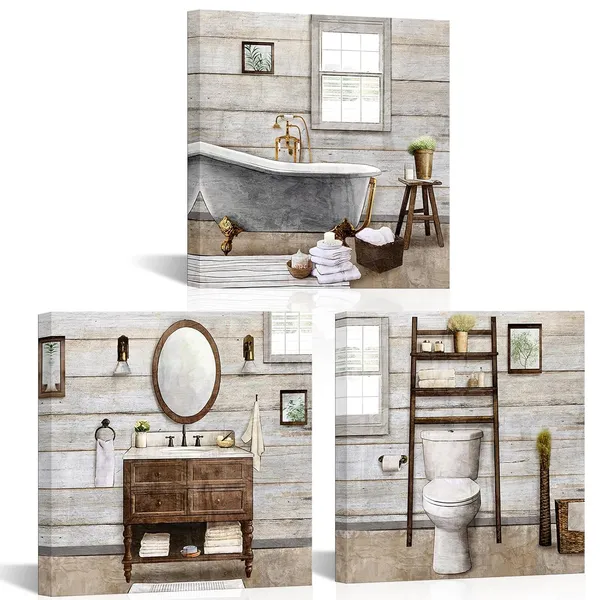 Brown_Bathroom_Wall_Art_Farmhouse_Bathroom_Decor_Painting,_Framed_Canvas_Wall_Art_12X12Inchx3Pieces_(Brown)