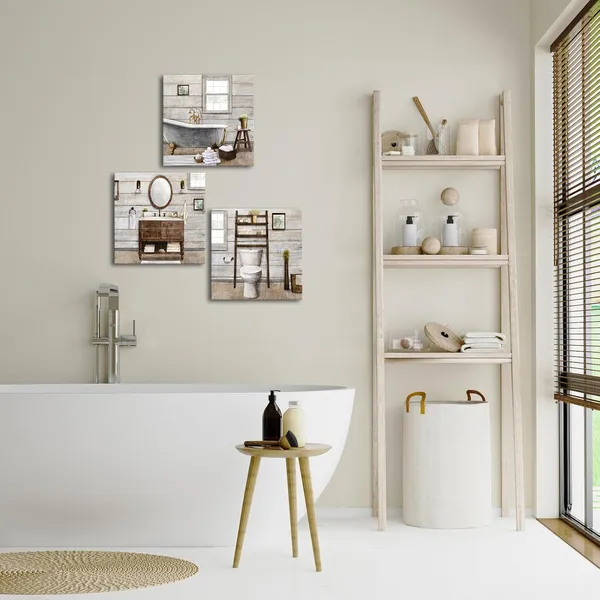 Brown_Bathroom_Wall_Art_Farmhouse_Bathroom_Decor_Painting,_Framed_Canvas_Wall_Art_12X12Inchx3Pieces_(Brown)