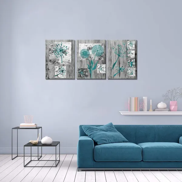Multicolor_Abstract_Teal_Dandelion_Flowers_Painting_Grey_Rustic_Background_Canvas_Prints_Framed_And_Stretched_Froal_Picture_Artwork_|_For_Modern_Living_Room_Bedroom_Bathroom