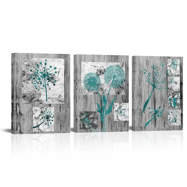 Multicolor_Abstract_Teal_Dandelion_Flowers_Painting_Grey_Rustic_Background_Canvas_Prints_Framed_And_Stretched_Froal_Picture_Artwork_|_For_Modern_Living_Room_Bedroom_Bathroom