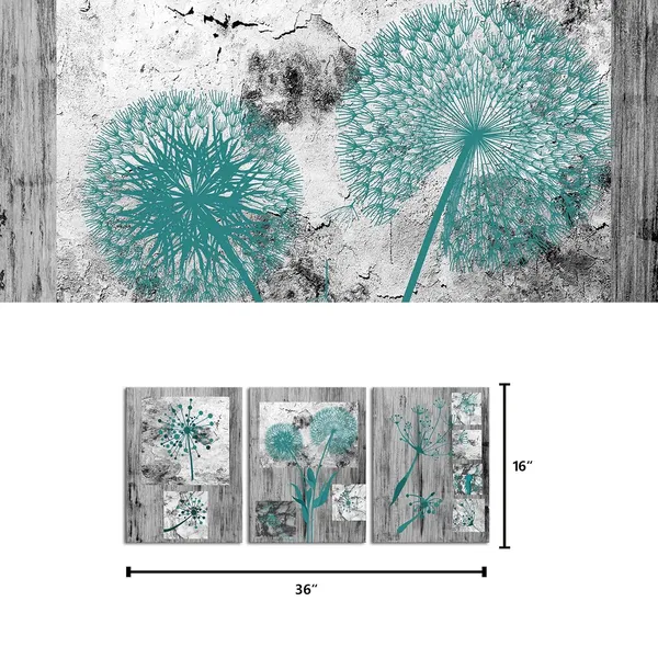 Multicolor_Abstract_Teal_Dandelion_Flowers_Painting_Grey_Rustic_Background_Canvas_Prints_Framed_And_Stretched_Froal_Picture_Artwork_|_For_Modern_Living_Room_Bedroom_Bathroom