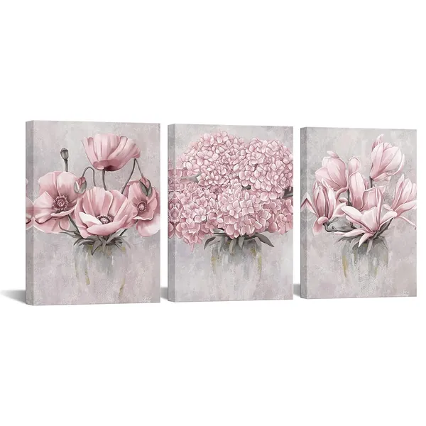 Pink_Flower_Wall_Art_Bedroom_Wall_Decor_Floral_Decor_Art_Print_Bathroom_Living_Dining_Room_Kitchen_Decor_Pictures,_Framed_12Inx16Inx3Pieces_(Pink)