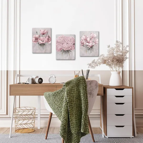 Pink_Flower_Wall_Art_Bedroom_Wall_Decor_Floral_Decor_Art_Print_Bathroom_Living_Dining_Room_Kitchen_Decor_Pictures,_Framed_12Inx16Inx3Pieces_(Pink)