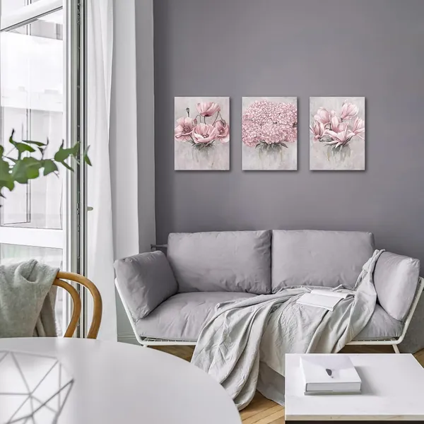 Pink_Flower_Wall_Art_Bedroom_Wall_Decor_Floral_Decor_Art_Print_Bathroom_Living_Dining_Room_Kitchen_Decor_Pictures,_Framed_12Inx16Inx3Pieces_(Pink)