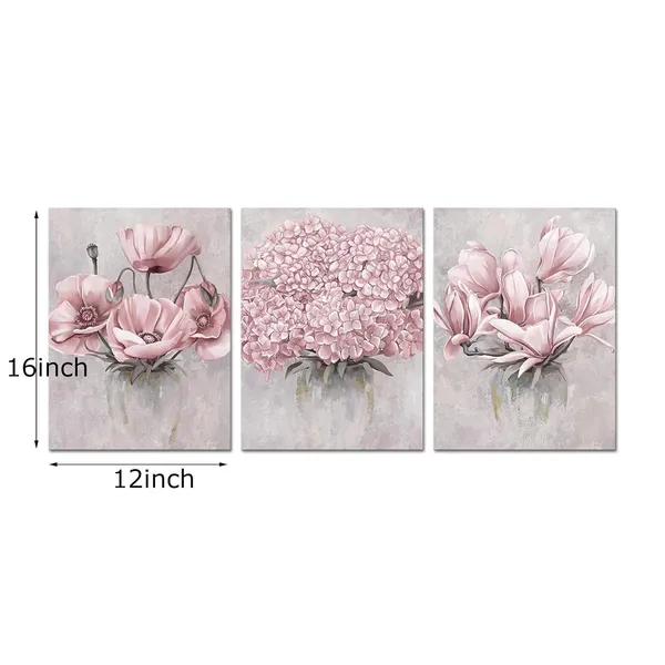 Pink_Flower_Wall_Art_Bedroom_Wall_Decor_Floral_Decor_Art_Print_Bathroom_Living_Dining_Room_Kitchen_Decor_Pictures,_Framed_12Inx16Inx3Pieces_(Pink)