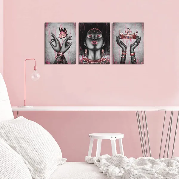 Multicolor_African_American_Canvas_Wall_Art_Pink_And_Black_Woman_Portrait_Fashion_Rose_Gold_Black_Girl_Pink_Bedroom_Decor_Framed_Artwork_|_For_Home_Living_Room_Decor_(12Inx16Inx3Pieces)