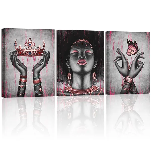 Multicolor_African_American_Canvas_Wall_Art_Pink_And_Black_Woman_Portrait_Fashion_Rose_Gold_Black_Girl_Pink_Bedroom_Decor_Framed_Artwork_|_For_Home_Living_Room_Decor_(12Inx16Inx3Pieces)
