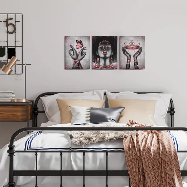Multicolor_African_American_Canvas_Wall_Art_Pink_And_Black_Woman_Portrait_Fashion_Rose_Gold_Black_Girl_Pink_Bedroom_Decor_Framed_Artwork_|_For_Home_Living_Room_Decor_(12Inx16Inx3Pieces)