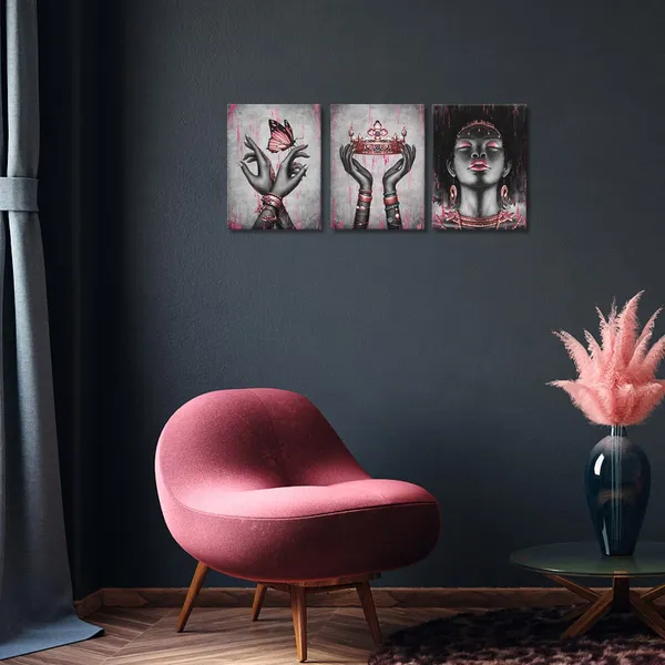 Multicolor_African_American_Canvas_Wall_Art_Pink_And_Black_Woman_Portrait_Fashion_Rose_Gold_Black_Girl_Pink_Bedroom_Decor_Framed_Artwork_|_For_Home_Living_Room_Decor_(12Inx16Inx3Pieces)