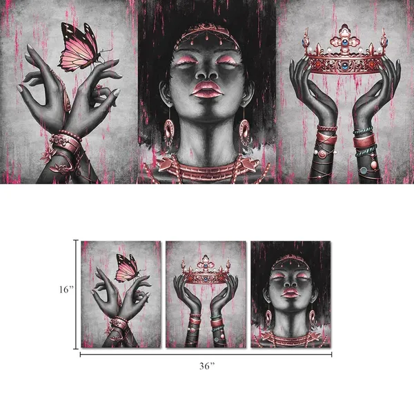 Multicolor_African_American_Canvas_Wall_Art_Pink_And_Black_Woman_Portrait_Fashion_Rose_Gold_Black_Girl_Pink_Bedroom_Decor_Framed_Artwork_|_For_Home_Living_Room_Decor_(12Inx16Inx3Pieces)