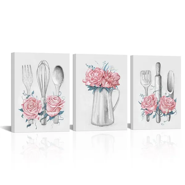 Pink_Kitchen_Art_Pink_Kitchen_Decor_Painting_Framed_Ready_To_Hang_12X16Inchx3Pieces_(Pink)