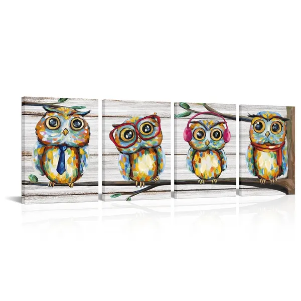 Multicolor_4_Pieces_Happy_Owl_Family_Canvas_Prints_Animal_Painting_Wall_Decor_Dad_Mom_And_Kids_Canvas_Prints_Wall_Art_Decor_|_For_Modern_Home_Child_Bedroom_Nursery_Decoration_(01_Owl)