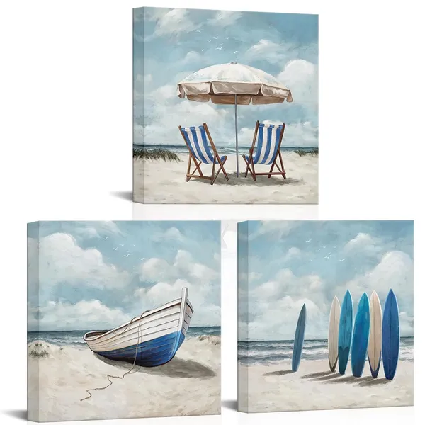 Blue_Coastal_Wall_Art_Beach_Landscape_Painting_Blue_Bathroom_Decor_Picture_Framed_12Inx12Inx3Pieces_(Blue)
