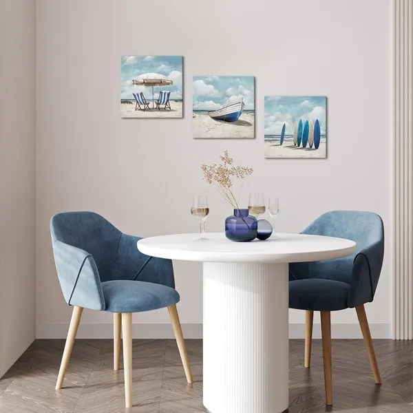 Blue_Coastal_Wall_Art_Beach_Landscape_Painting_Blue_Bathroom_Decor_Picture_Framed_12Inx12Inx3Pieces_(Blue)