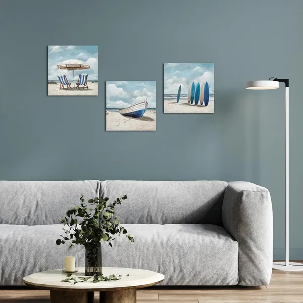 Blue_Coastal_Wall_Art_Beach_Landscape_Painting_Blue_Bathroom_Decor_Picture_Framed_12Inx12Inx3Pieces_(Blue)