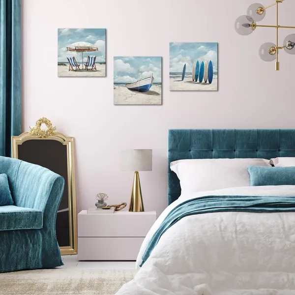 Blue_Coastal_Wall_Art_Beach_Landscape_Painting_Blue_Bathroom_Decor_Picture_Framed_12Inx12Inx3Pieces_(Blue)
