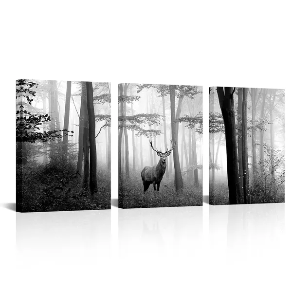 Grey_Black_And_White_Wall_Art_Deer_In_Autumn_Foggy_|_Forest_Picture_Indeer_Elk_Stag_Canvas_Prints_|_For_Home_Living_Room_Bedroom_Wall_Decoration_Ready_To_Hang