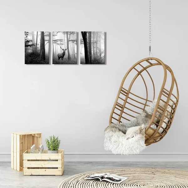 Grey_Black_And_White_Wall_Art_Deer_In_Autumn_Foggy_|_Forest_Picture_Indeer_Elk_Stag_Canvas_Prints_|_For_Home_Living_Room_Bedroom_Wall_Decoration_Ready_To_Hang