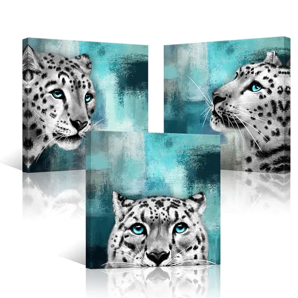 Multicolor_Black_And_White_Blue_Eyes_Snow_Leopard_Painting_Canvas_Prints_Rustic_Turquoise_And_Grey_Background_Picture_Gallery_Wrapped_Artwork_Gift_|_For_Bedroom_Home_Office_Living_Room_Decoration