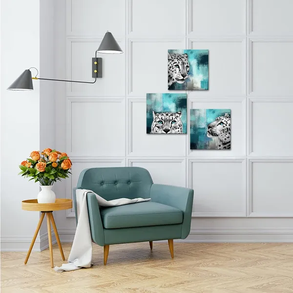 Multicolor_Black_And_White_Blue_Eyes_Snow_Leopard_Painting_Canvas_Prints_Rustic_Turquoise_And_Grey_Background_Picture_Gallery_Wrapped_Artwork_Gift_|_For_Bedroom_Home_Office_Living_Room_Decoration