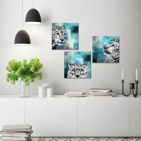 Multicolor_Black_And_White_Blue_Eyes_Snow_Leopard_Painting_Canvas_Prints_Rustic_Turquoise_And_Grey_Background_Picture_Gallery_Wrapped_Artwork_Gift_|_For_Bedroom_Home_Office_Living_Room_Decoration
