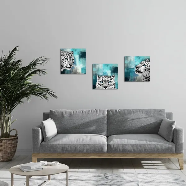 Multicolor_Black_And_White_Blue_Eyes_Snow_Leopard_Painting_Canvas_Prints_Rustic_Turquoise_And_Grey_Background_Picture_Gallery_Wrapped_Artwork_Gift_|_For_Bedroom_Home_Office_Living_Room_Decoration