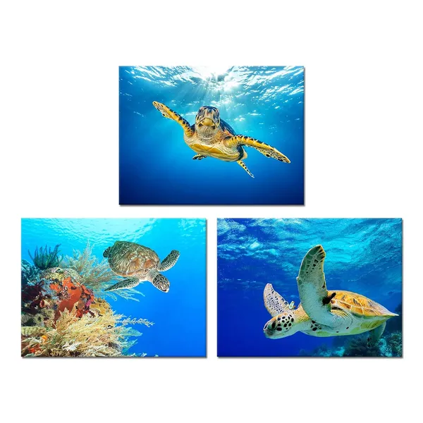 Blue_Animal_Canvas_Wall_Art_Decor_Swimming_Turtle_Canvas_Prints_Underwater_Sea_Wall_Art_Decal_Gallery_Wrapped_Ready_To_Hang_(12"X16"X3_Panels)