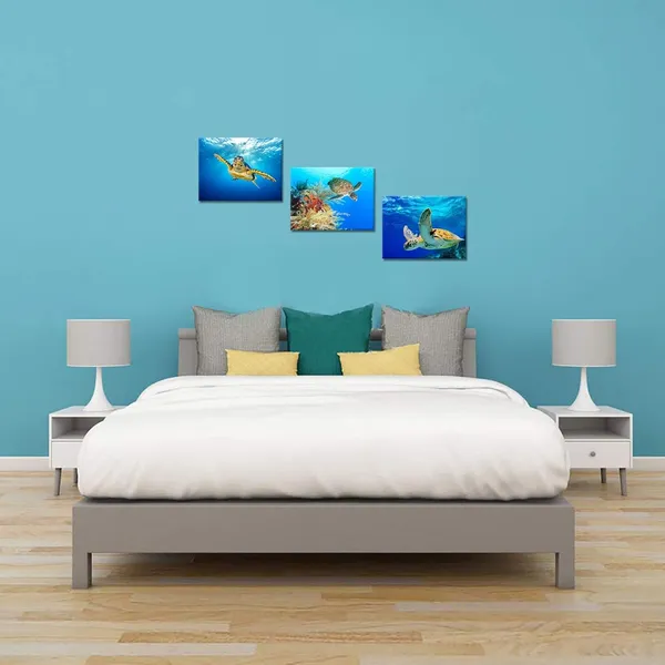 Blue_Animal_Canvas_Wall_Art_Decor_Swimming_Turtle_Canvas_Prints_Underwater_Sea_Wall_Art_Decal_Gallery_Wrapped_Ready_To_Hang_(12"X16"X3_Panels)
