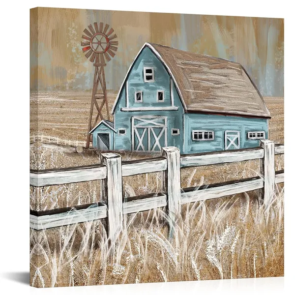 Multicolor_Turquoise_Barn_Wall_Art_Rustic_Farmhouse_Barn_And_Windmill_Landscape_Painting_Framed_Canvas_Wall_Art_24X24_Inch