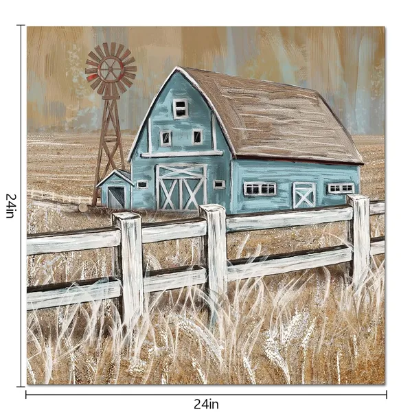 Multicolor_Turquoise_Barn_Wall_Art_Rustic_Farmhouse_Barn_And_Windmill_Landscape_Painting_Framed_Canvas_Wall_Art_24X24_Inch