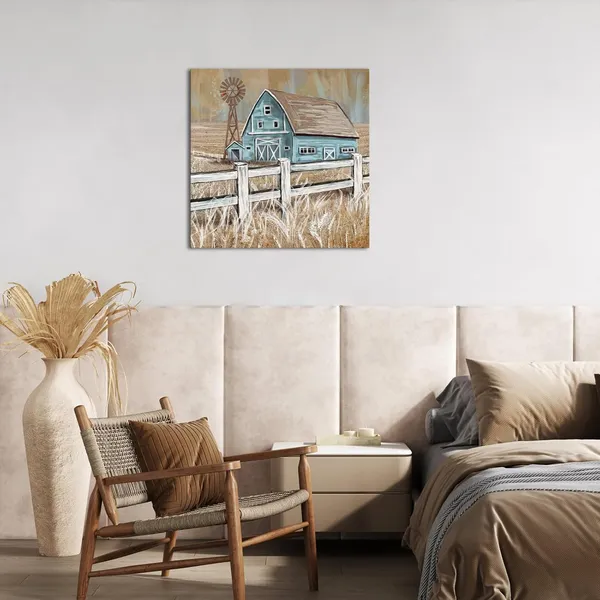 Multicolor_Turquoise_Barn_Wall_Art_Rustic_Farmhouse_Barn_And_Windmill_Landscape_Painting_Framed_Canvas_Wall_Art_24X24_Inch