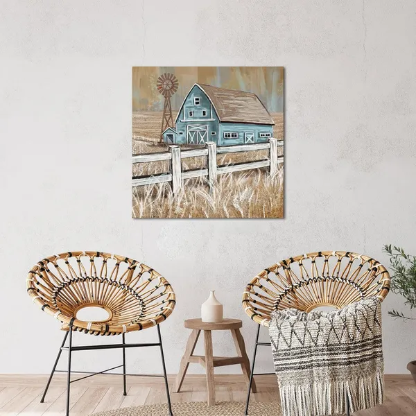 Multicolor_Turquoise_Barn_Wall_Art_Rustic_Farmhouse_Barn_And_Windmill_Landscape_Painting_Framed_Canvas_Wall_Art_24X24_Inch