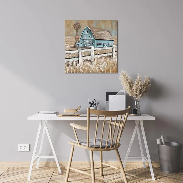 Multicolor_Turquoise_Barn_Wall_Art_Rustic_Farmhouse_Barn_And_Windmill_Landscape_Painting_Framed_Canvas_Wall_Art_24X24_Inch