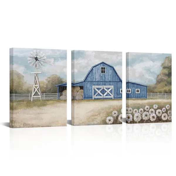 Blue_Farmhouse_Wall_Art_Country_Barn_Windmill_Painting_Wall_Decor_Framed_Artwork_Farmhouse_Landscape_Wall_Decor_(Blue)