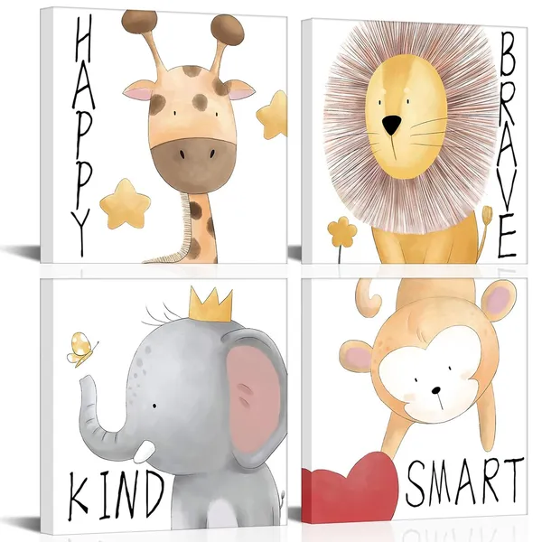White_Lovely_Animals_Picture_|_For_Kids_Bedroom_Wall_Decor_Cute_Elephant_Monkey_Lion_Giraffe_Canvas_Poster_Prints_Gallery_Wrapped_On_Wood_Frame_Ready_To_Hang_|_For_Child_Nursery_Wall_Decoration_(A_White)