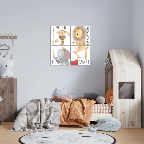 White_Lovely_Animals_Picture_|_For_Kids_Bedroom_Wall_Decor_Cute_Elephant_Monkey_Lion_Giraffe_Canvas_Poster_Prints_Gallery_Wrapped_On_Wood_Frame_Ready_To_Hang_|_For_Child_Nursery_Wall_Decoration_(A_White)