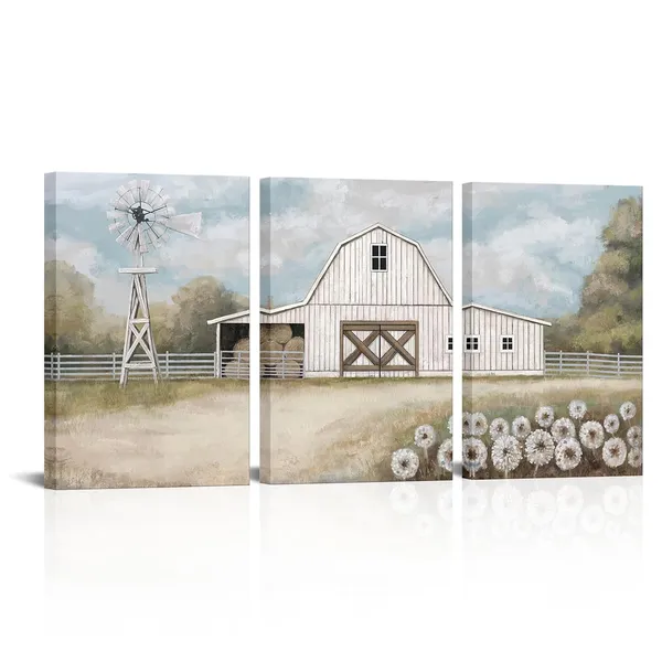 White_Farmhouse_Canvas_Wall_Art_Rustic_Barn_And_Windmill_Painting_Country_Landscape_Farmhouse_Decor,_Framed_Artwork_|_For_Walls_(White,_Large)