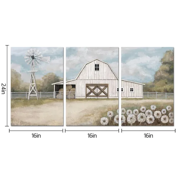 White_Farmhouse_Canvas_Wall_Art_Rustic_Barn_And_Windmill_Painting_Country_Landscape_Farmhouse_Decor,_Framed_Artwork_|_For_Walls_(White,_Large)