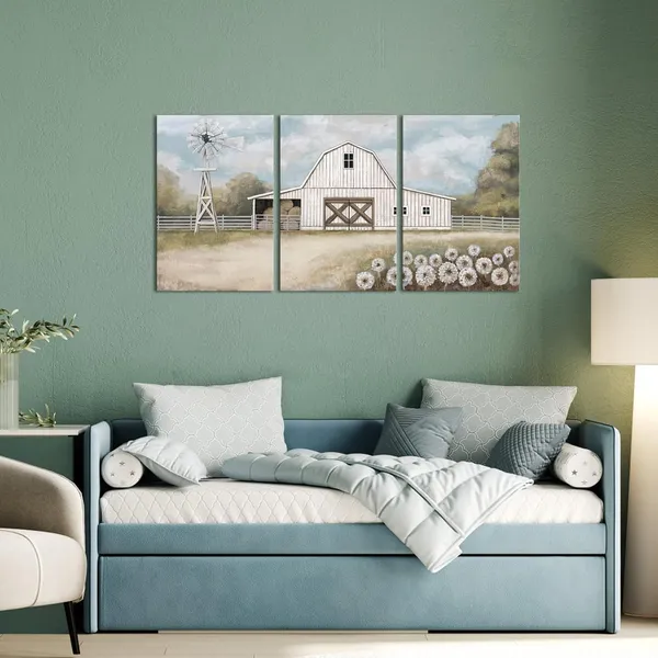 White_Farmhouse_Canvas_Wall_Art_Rustic_Barn_And_Windmill_Painting_Country_Landscape_Farmhouse_Decor,_Framed_Artwork_|_For_Walls_(White,_Large)