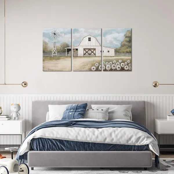 White_Farmhouse_Canvas_Wall_Art_Rustic_Barn_And_Windmill_Painting_Country_Landscape_Farmhouse_Decor,_Framed_Artwork_|_For_Walls_(White,_Large)