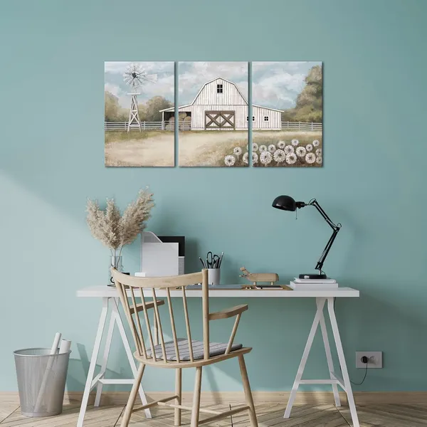 White_Farmhouse_Canvas_Wall_Art_Rustic_Barn_And_Windmill_Painting_Country_Landscape_Farmhouse_Decor,_Framed_Artwork_|_For_Walls_(White,_Large)