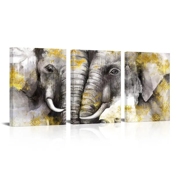 Multicolor_&__Gold_3_Pieces_Elephants_Canvas_Wall_Art_Vintage_Animals_Painting_Giclee_Prints_Ready_To_Hang_|_For_Modern_Home_Living_Room_Bedroom_Decoration