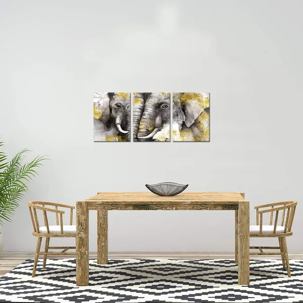Multicolor_&__Gold_3_Pieces_Elephants_Canvas_Wall_Art_Vintage_Animals_Painting_Giclee_Prints_Ready_To_Hang_|_For_Modern_Home_Living_Room_Bedroom_Decoration