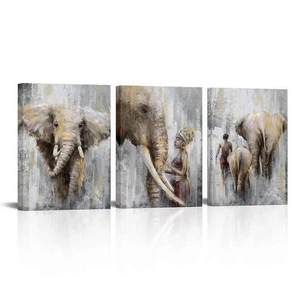 Multicolor_Africa_Safari_Elephant_Painting_Africa_Tribal_Ethnic_Ancient_African_Woman_Man_With_Elephant_Canvas_Wall_Art_Prints_Ready_To_Hang_Retro_Gold_Picture_Artwork_|_For_Wall_Decoration