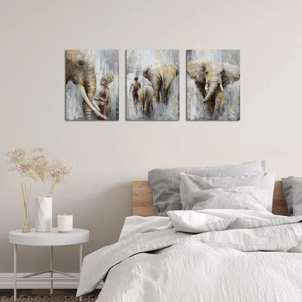Multicolor_Africa_Safari_Elephant_Painting_Africa_Tribal_Ethnic_Ancient_African_Woman_Man_With_Elephant_Canvas_Wall_Art_Prints_Ready_To_Hang_Retro_Gold_Picture_Artwork_|_For_Wall_Decoration