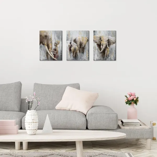 Multicolor_Africa_Safari_Elephant_Painting_Africa_Tribal_Ethnic_Ancient_African_Woman_Man_With_Elephant_Canvas_Wall_Art_Prints_Ready_To_Hang_Retro_Gold_Picture_Artwork_|_For_Wall_Decoration