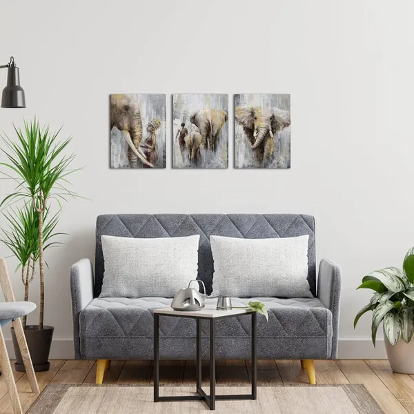 Multicolor_Africa_Safari_Elephant_Painting_Africa_Tribal_Ethnic_Ancient_African_Woman_Man_With_Elephant_Canvas_Wall_Art_Prints_Ready_To_Hang_Retro_Gold_Picture_Artwork_|_For_Wall_Decoration