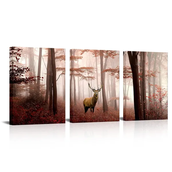 Multicolor_Deer_In_Red_Autumn_Foggy_|_Forest_Picture_Indeer_Elk_Stag_Canvas_Prints_|_For_Home_Living_Room_Bedroom_Wall_Decoration_Ready_To_Hang
