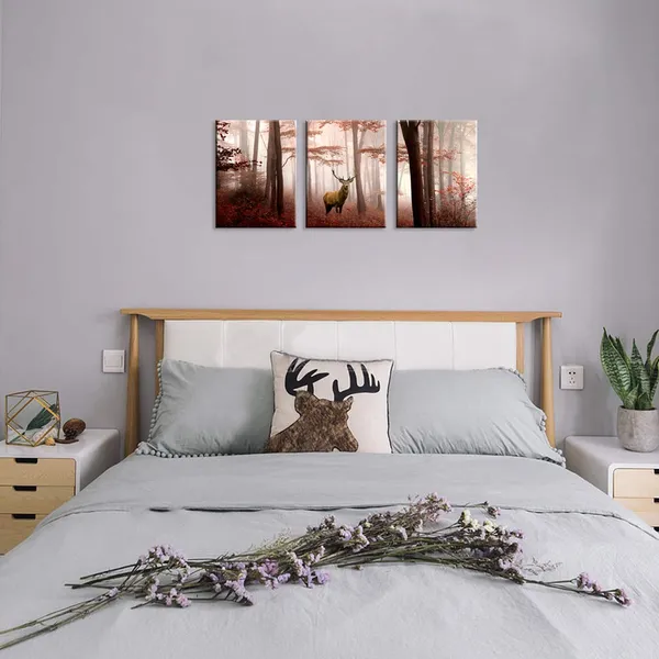 Multicolor_Deer_In_Red_Autumn_Foggy_|_Forest_Picture_Indeer_Elk_Stag_Canvas_Prints_|_For_Home_Living_Room_Bedroom_Wall_Decoration_Ready_To_Hang